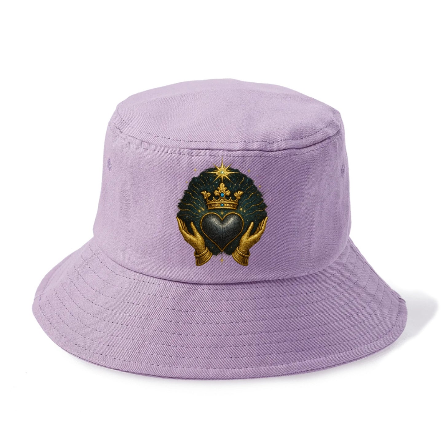 Pearl-studded tiara atop a satin-gunmetal heart supported by elegant opera-glove hands. - Bucket Hat - Purple