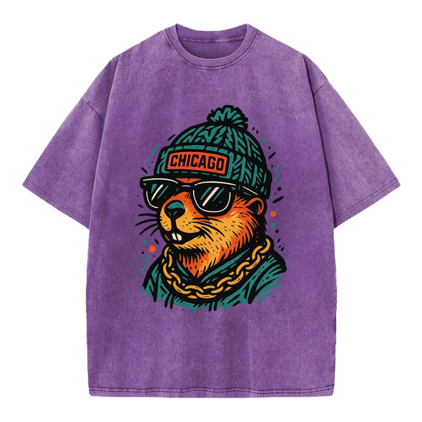 Illinois Prairie Dog wearing Chicago beanie with pom pom and wayfarer sunglasses - Vintage T-shirt - Purple