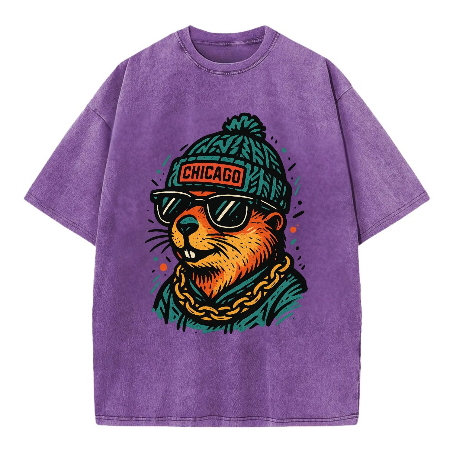 Illinois Prairie Dog wearing Chicago beanie with pom pom and wayfarer sunglasses - Vintage T-shirt - Purple