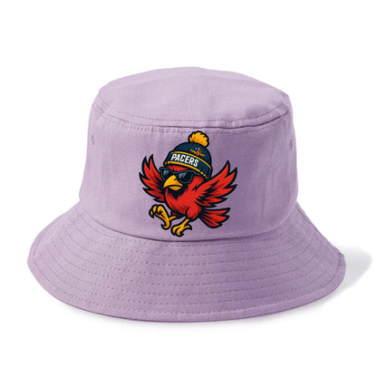 Indiana Cardinal wearing Pacers beanie with speedway patch and wayfarer sunglasses - Bucket Hat - Purple