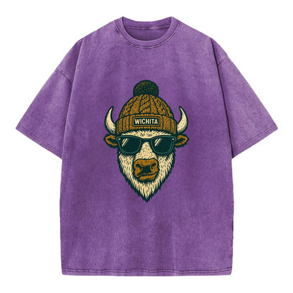Kansas American Bison wearing Wichita beanie with pom pom and wayfarer sunglasses - Vintage T-shirt - Purple