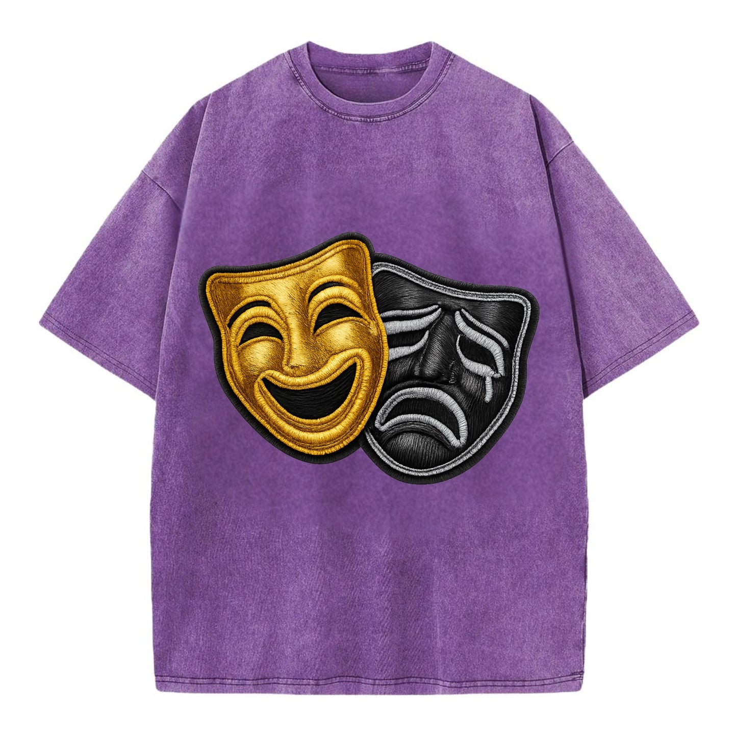 BROADWAY MASKS - comedy tragedy masks in gold and black , theater - Vintage T-shirt - Purple