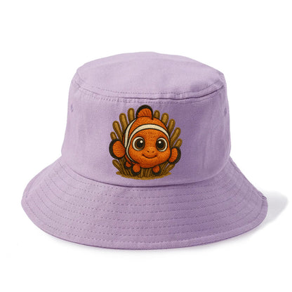 Baby Clownfish - orange with white stripes, big round eyes, front-facing in anemone, - Bucket Hat - Purple