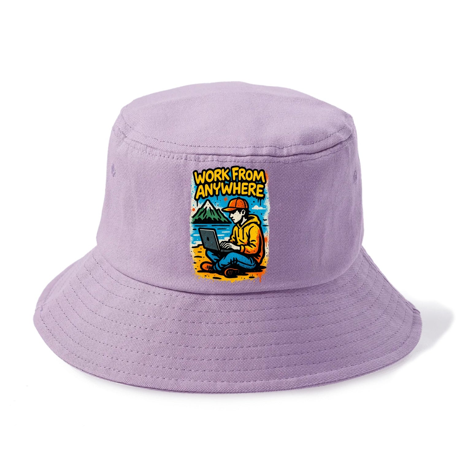 Digital nomad with laptop on beach/mountain - work from anywhere lifestyle, location - Bucket Hat - Purple