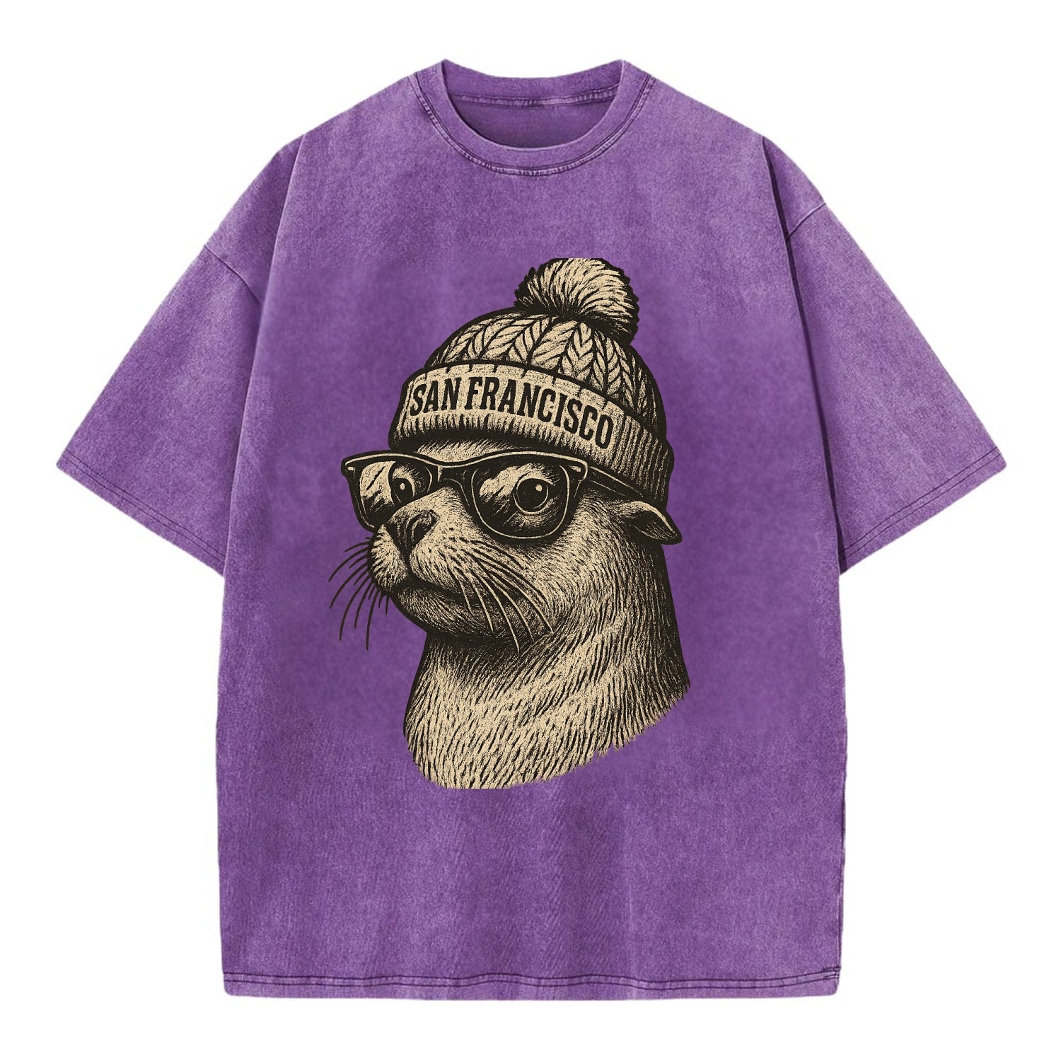 San Francisco Sea Lion wearing San Francisco beanie with pom pom and wayfarer - Vintage T-shirt - Purple