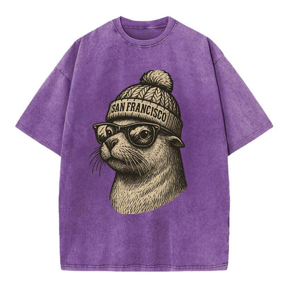 San Francisco Sea Lion wearing San Francisco beanie with pom pom and wayfarer - Vintage T-shirt - Purple