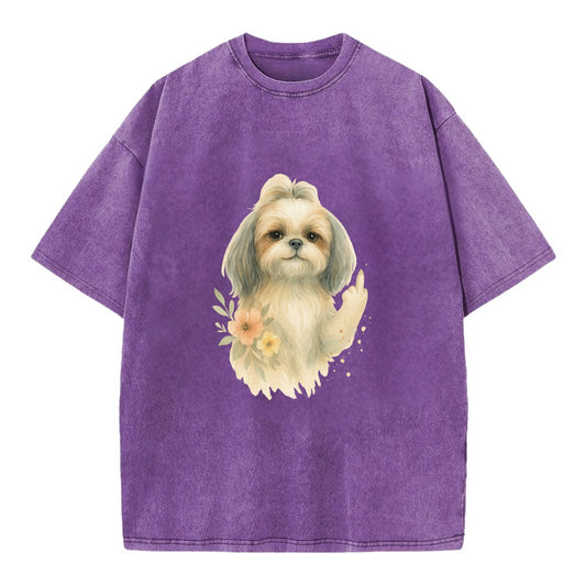 Shih Tzu with long flowing silky hair, tiny paw showing attitude - Vintage T-shirt - Purple