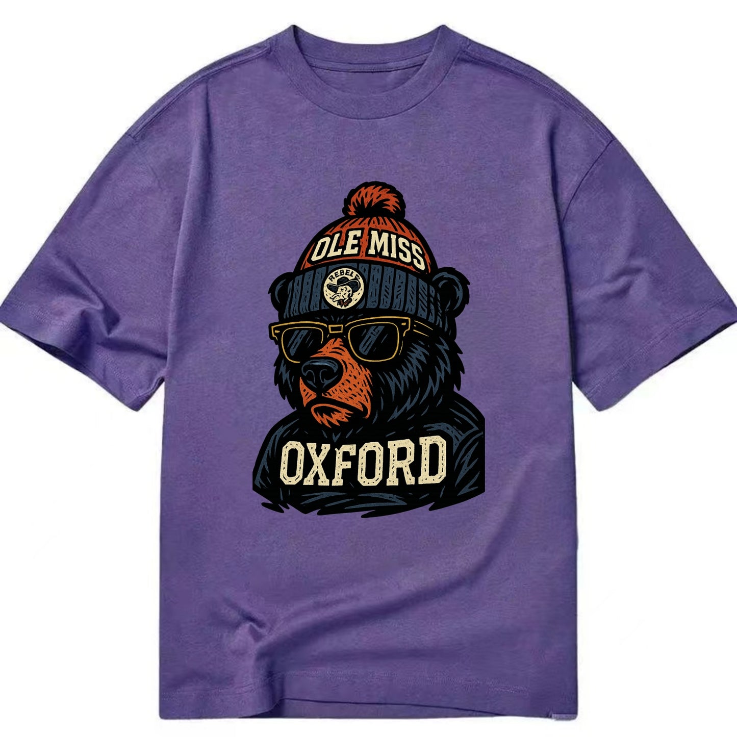Oxford Black Bear wearing Ole Miss beanie with rebel patch - Classic T-shirt - Purple