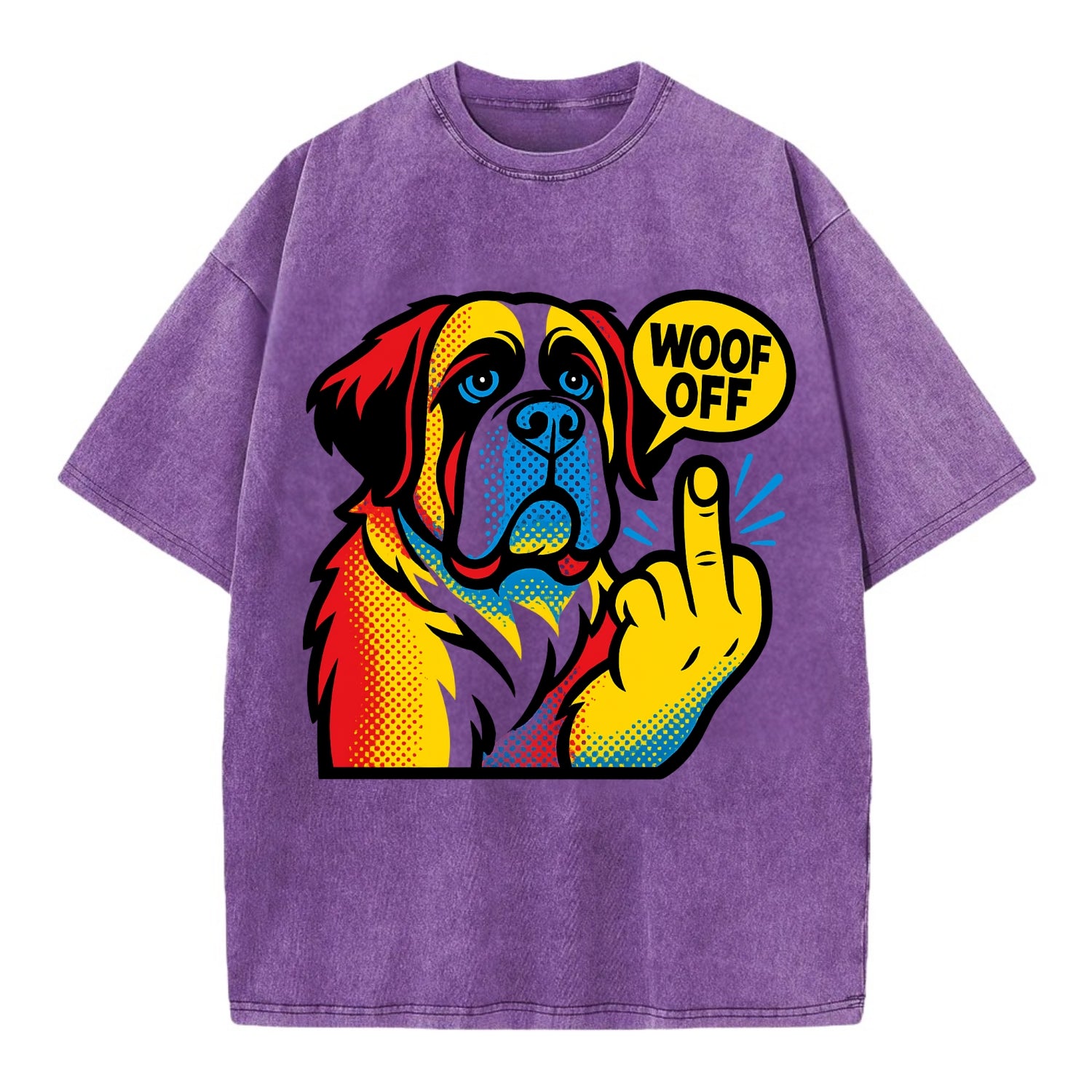 Saint Bernard with gentle giant face and droopy jowls, huge paw raised - Vintage T-shirt - Purple