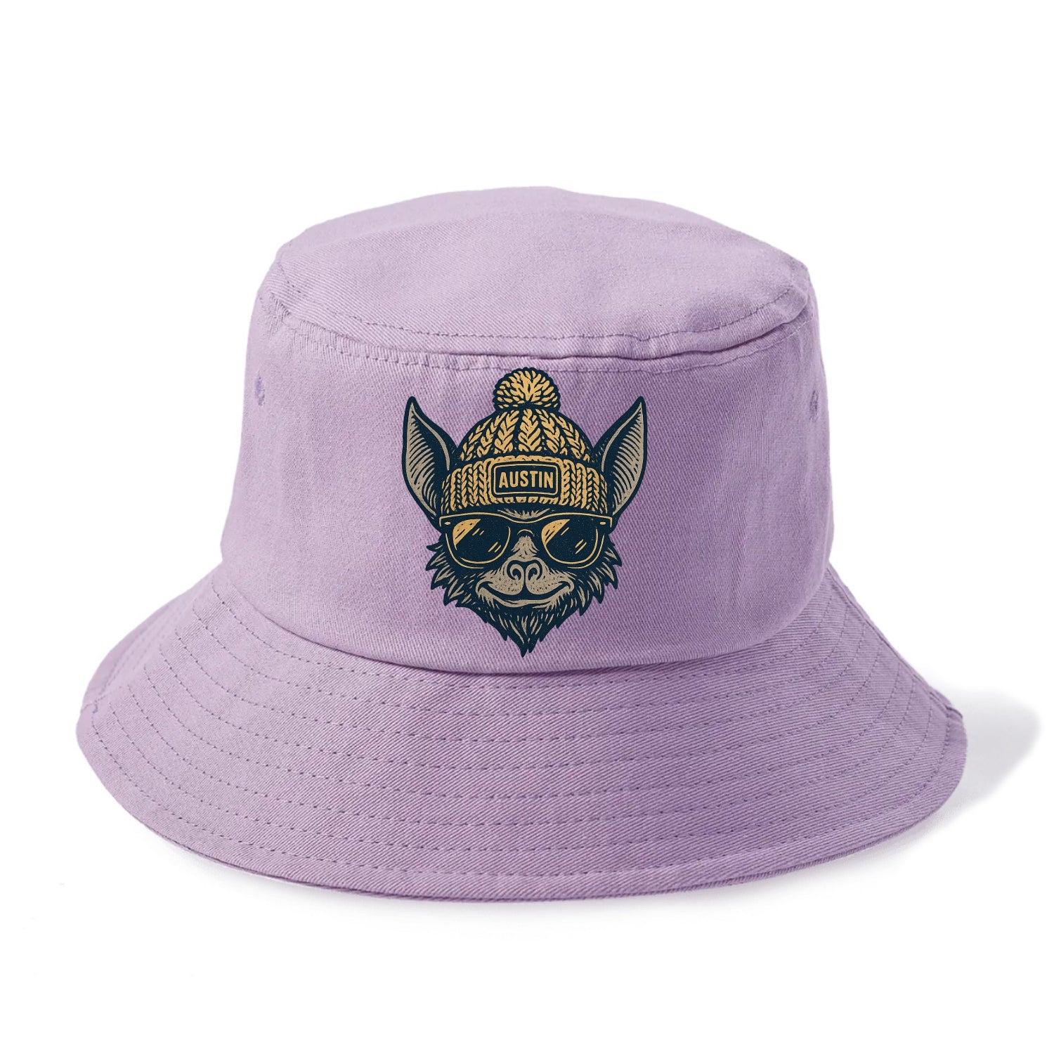 Austin Bat wearing Austin beanie with pom pom and wayfarer sunglasses - Bucket Hat - Purple