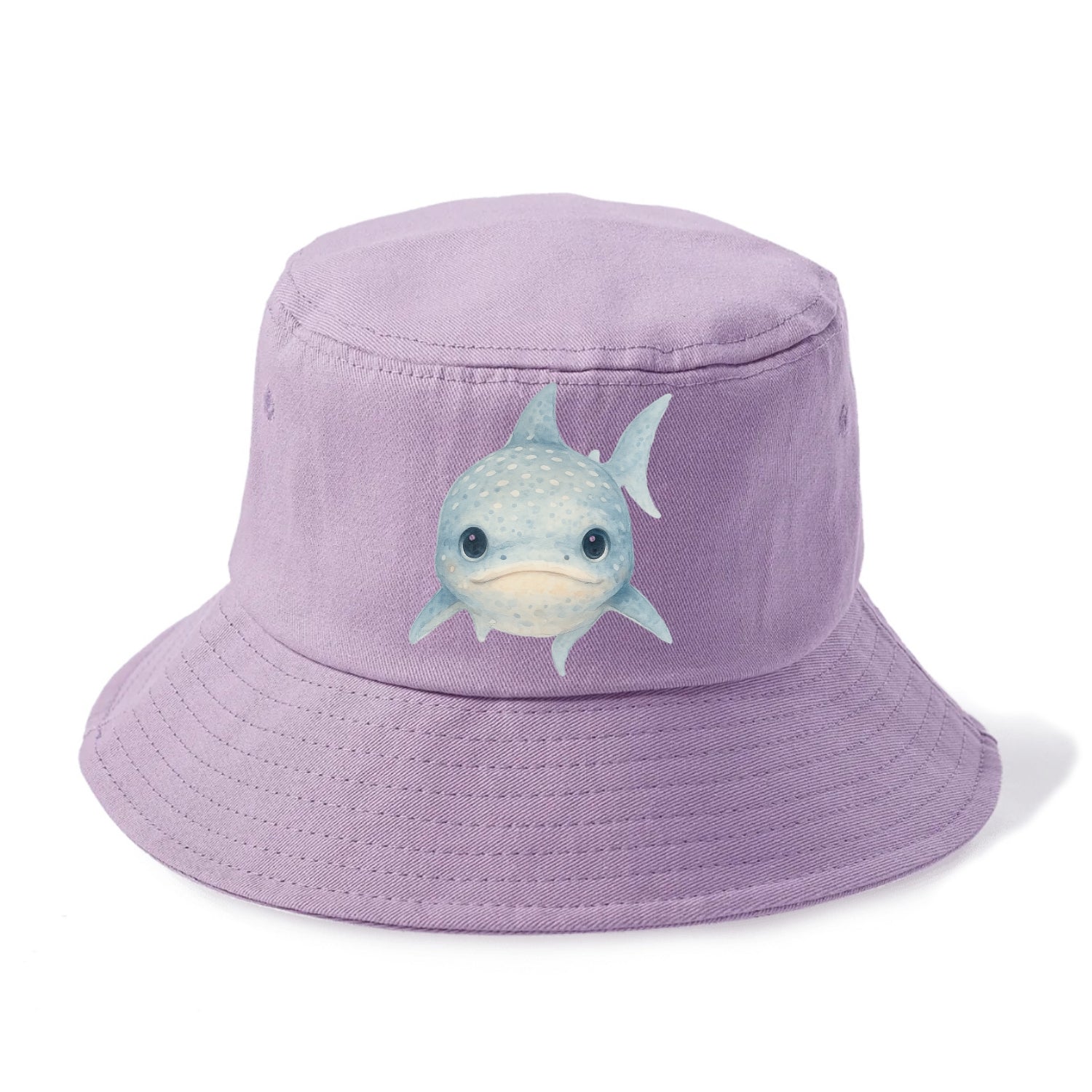 Baby Whale Shark - spotted blue-gray, wide mouth closed, tiny eyes, front-facing, - Bucket Hat - Purple