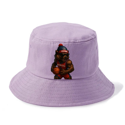 Motor City Wolverine wearing Pistons beanie with gear patch and wayfarer sunglasses - Bucket Hat - Purple