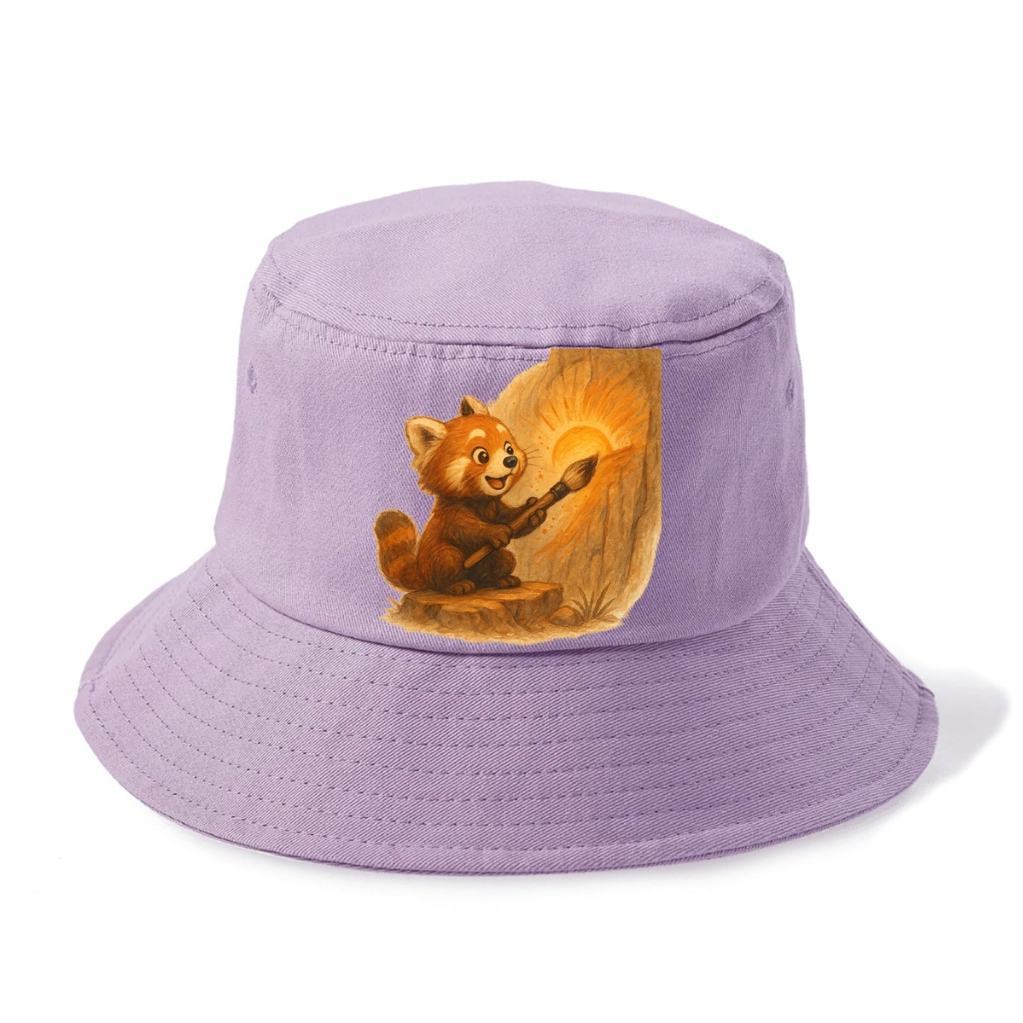 Red panda painting a sunrise mural with an oversized calligraphy brush on a cliff wall - Bucket Hat - Purple