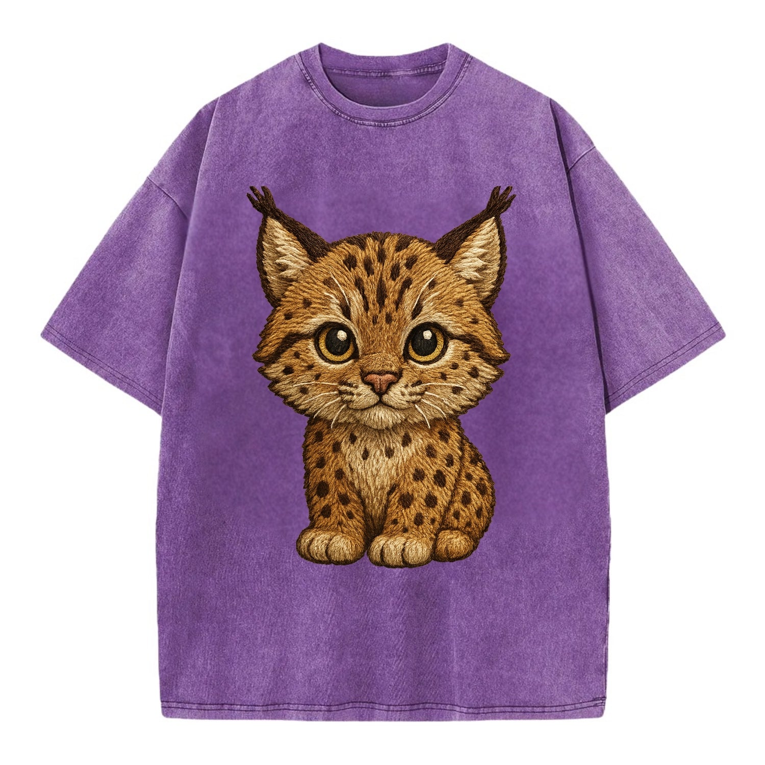 Baby Lynx Cub - tufted ears, spotted fur, golden eyes, front-facing, wild baby - Vintage T-shirt - Purple