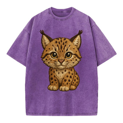 Baby Lynx Cub - tufted ears, spotted fur, golden eyes, front-facing, wild baby - Vintage T-shirt - Purple