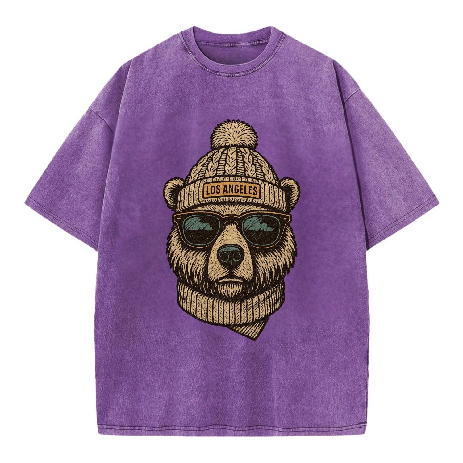 California Grizzly Bear wearing Los Angeles beanie with pom pom and wayfarer - Vintage T-shirt - Purple