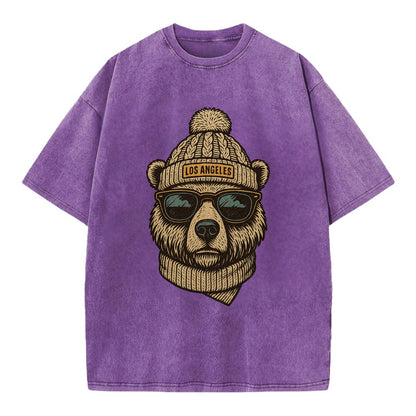 California Grizzly Bear wearing Los Angeles beanie with pom pom and wayfarer - Vintage T-shirt - Purple