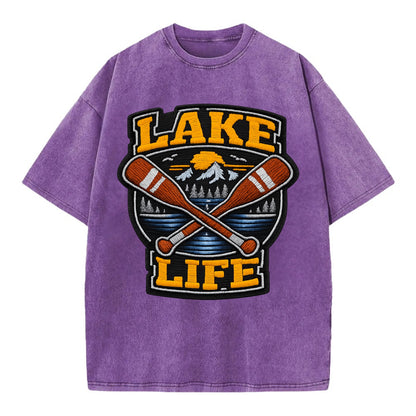 CANOE PADDLE - wooden paddle crossed in brown and cream , lake life - Vintage T-shirt - Purple
