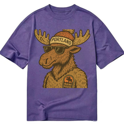 Maine Moose wearing Portland beanie with pom pom and wayfarer sunglasses - Classic T-shirt - Purple