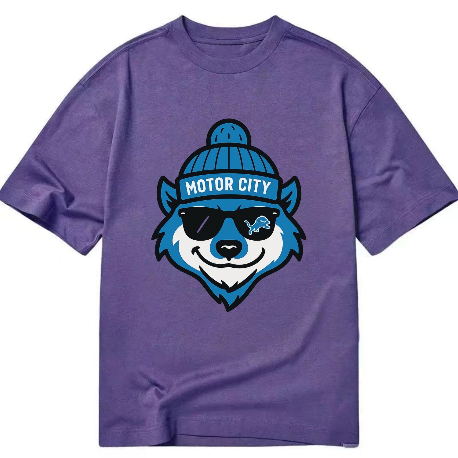Motor City Wolverine wearing Lions beanie with gear patch and wayfarer sunglasses - Classic T-shirt - Purple