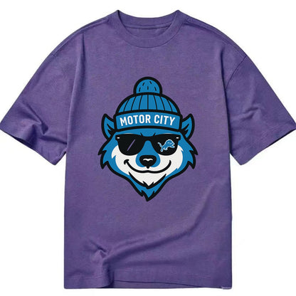 Motor City Wolverine wearing Lions beanie with gear patch and wayfarer sunglasses - Classic T-shirt - Purple