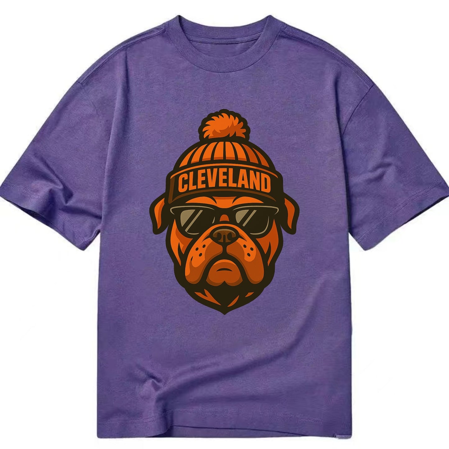 Cleveland Bulldog wearing Browns orange and brown beanie with pom pom and - Classic T-shirt - Purple