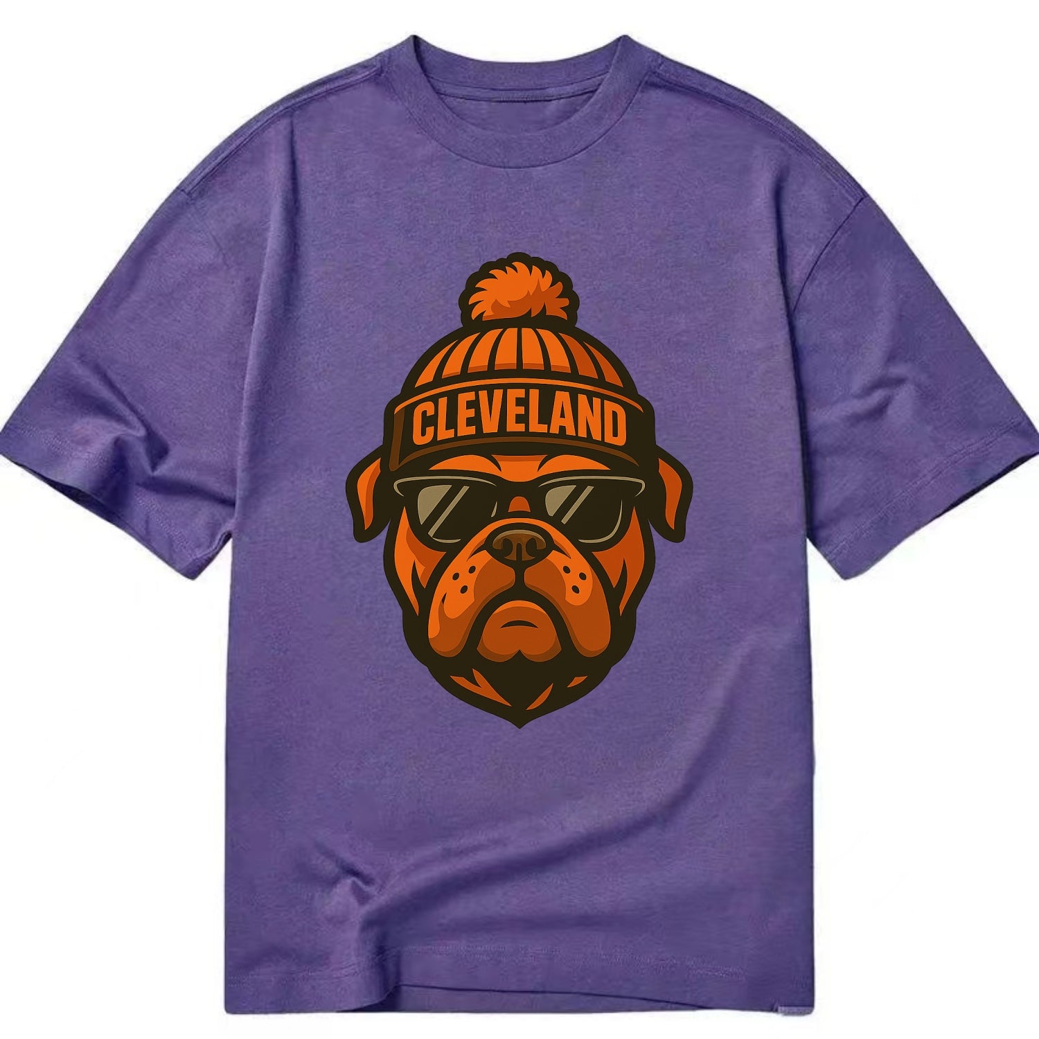 Cleveland Bulldog wearing Browns orange and brown beanie with pom pom and - Classic T-shirt - Purple