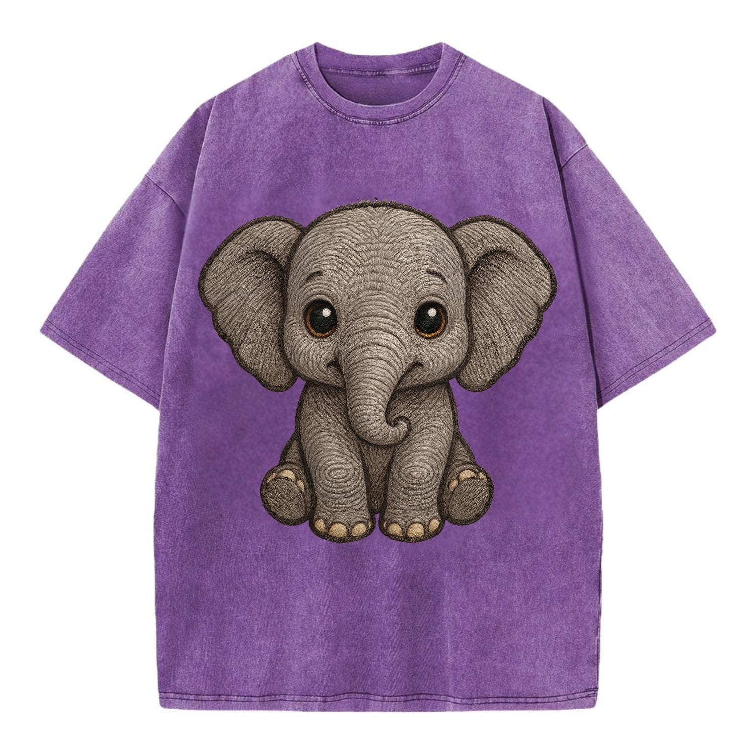 Baby Elephant - gray wrinkly, tiny trunk, large floppy ears, kind dark eyes, - Vintage T-shirt - Purple