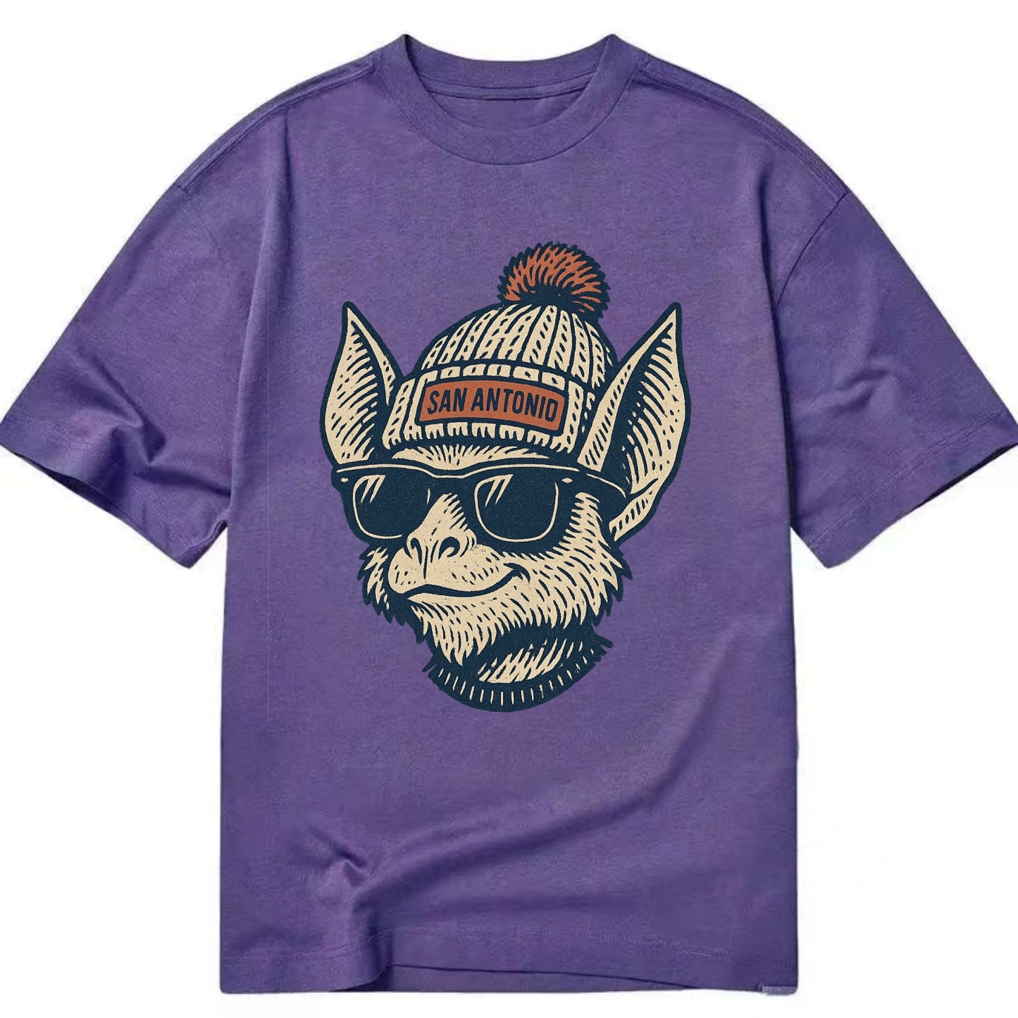 San Antonio Bat wearing San Antonio beanie with pom pom and wayfarer sunglasses - Classic T-shirt - Purple