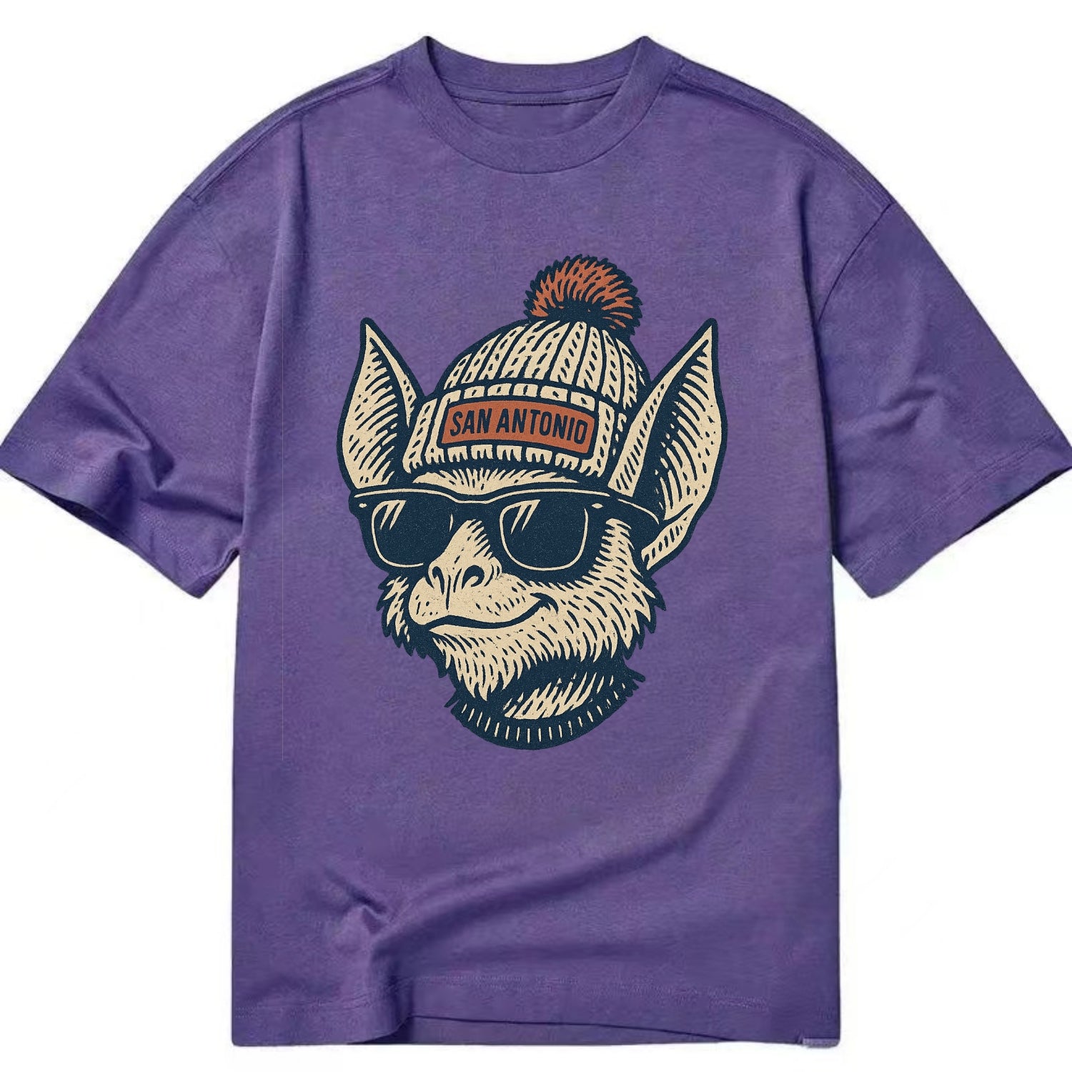 San Antonio Bat wearing San Antonio beanie with pom pom and wayfarer sunglasses - Classic T-shirt - Purple