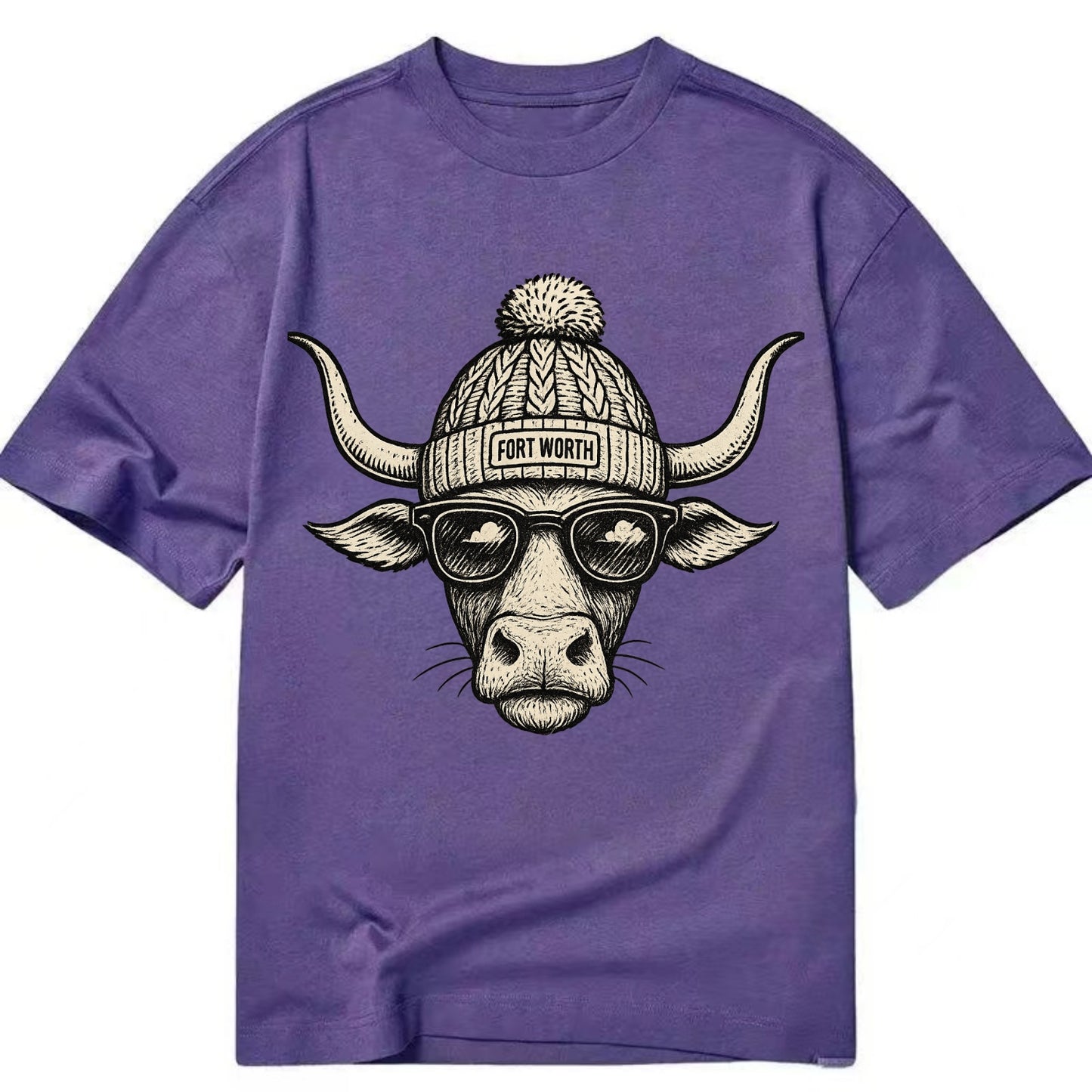 Fort Worth Longhorn wearing Fort Worth beanie with pom pom and wayfarer sunglasses - Classic T-shirt - Purple