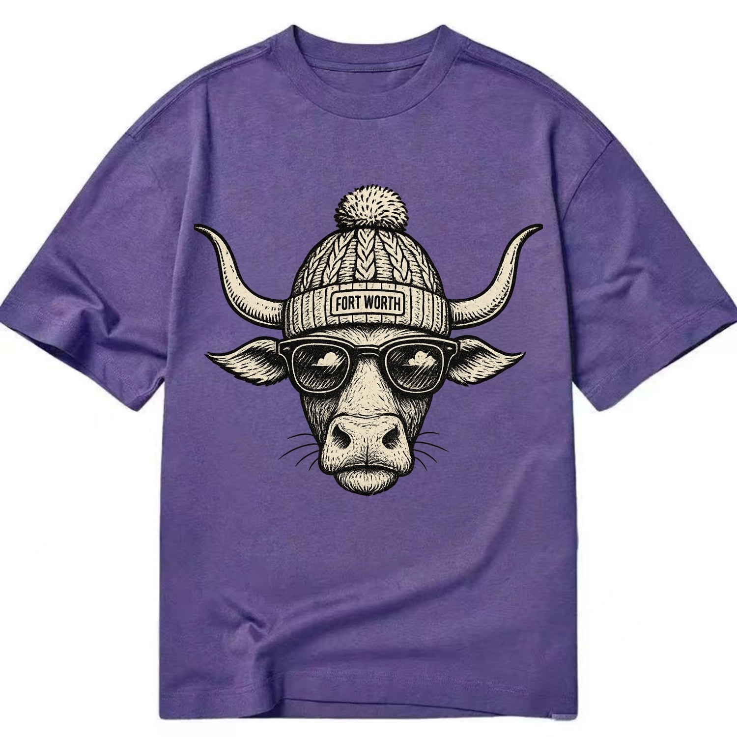 Fort Worth Longhorn wearing Fort Worth beanie with pom pom and wayfarer sunglasses - Classic T-shirt - Purple