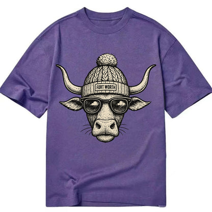 Fort Worth Longhorn wearing Fort Worth beanie with pom pom and wayfarer sunglasses - Classic T-shirt - Purple