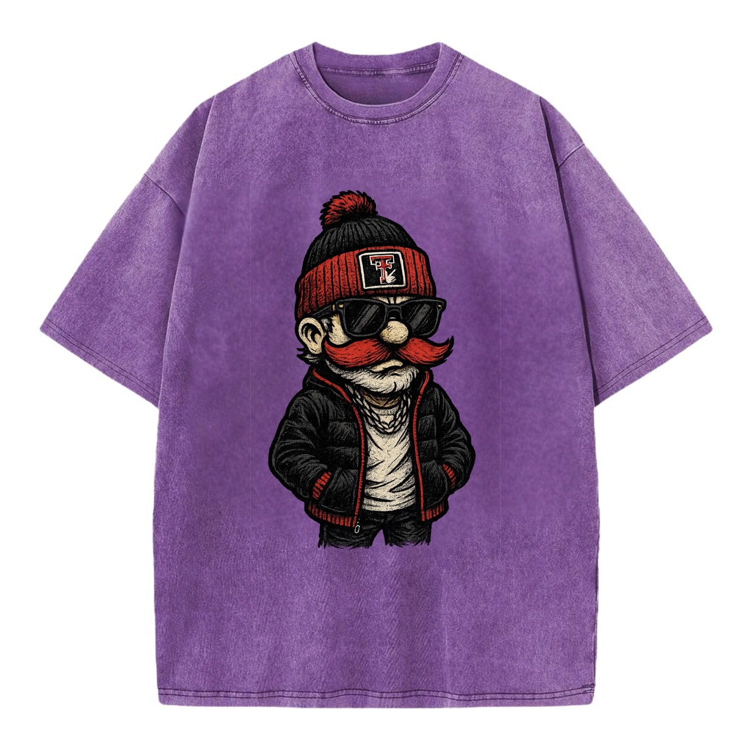 Lubbock Raider wearing Texas Tech beanie with guns up patch - Vintage T-shirt - Purple