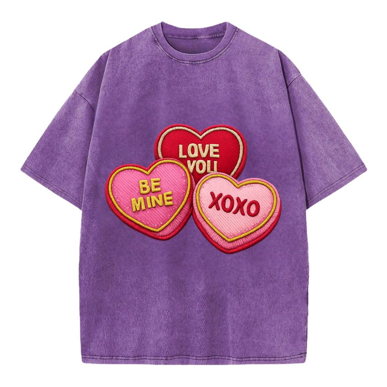 VALENTINES HEARTS - candy hearts in pink and red , love day - Vintage T-shirt - Purple