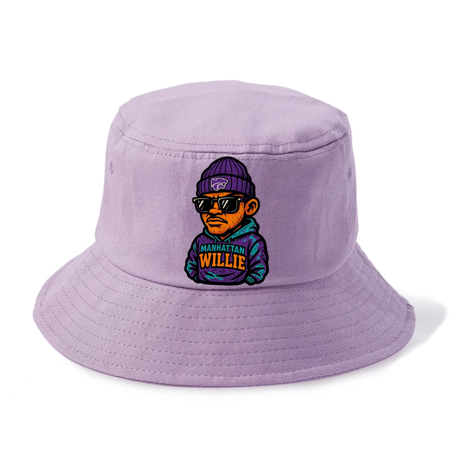 Manhattan Willie wearing Kansas State beanie with powercat patch - Bucket Hat - Purple