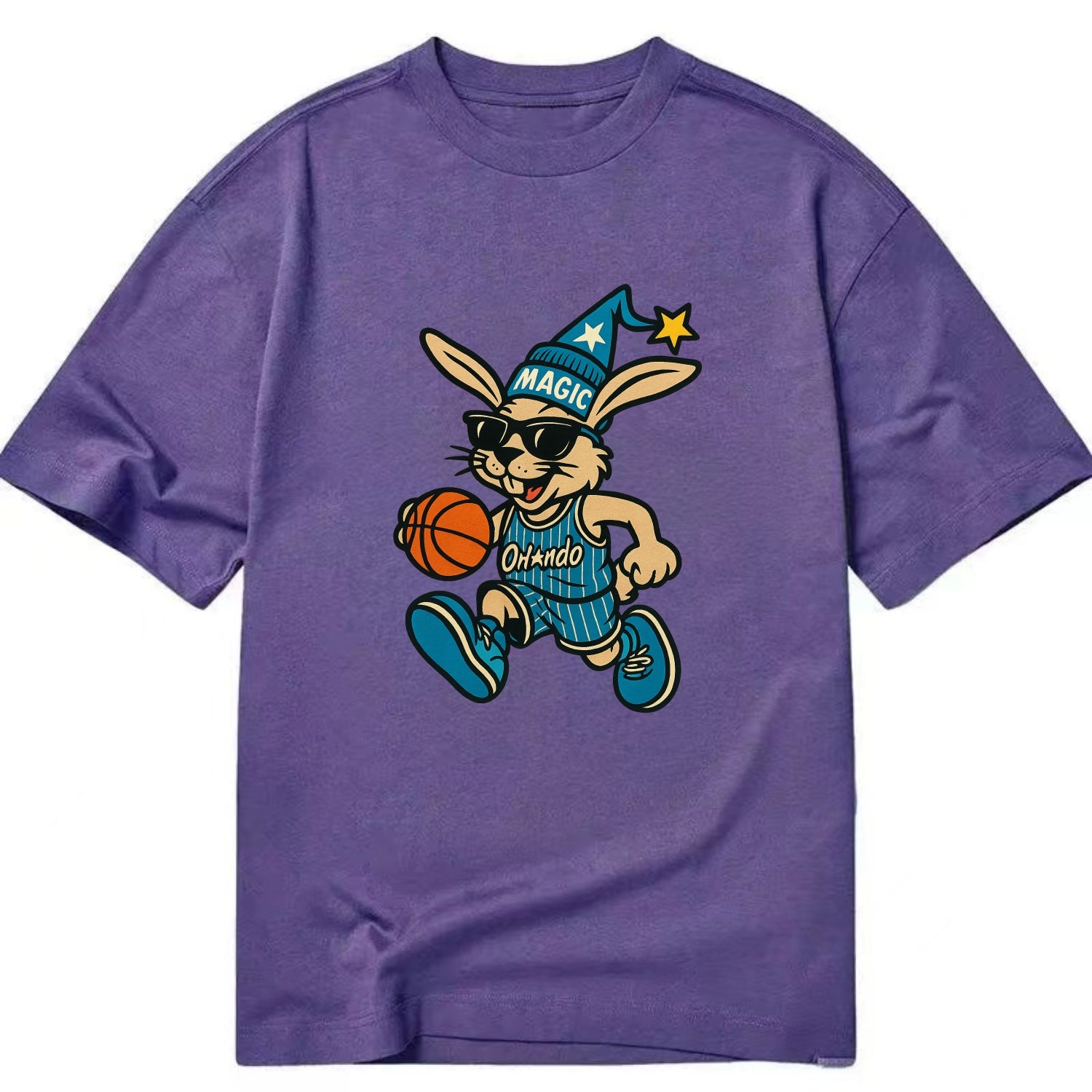 Orlando Rabbit wearing Magic blue and silver beanie with wizard hat and wayfarer - Classic T-shirt - Purple