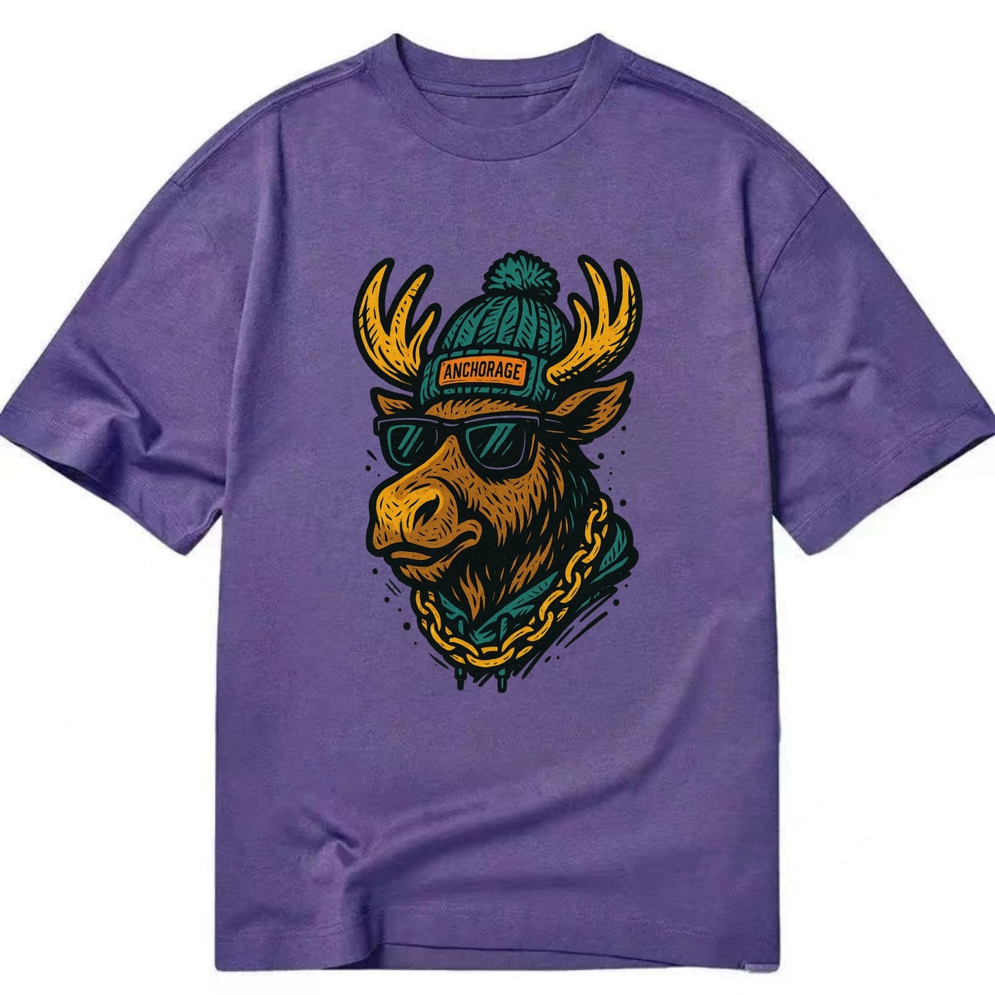 Alaska Moose wearing Anchorage beanie with pom pom and wayfarer sunglasses - Classic T-shirt - Purple