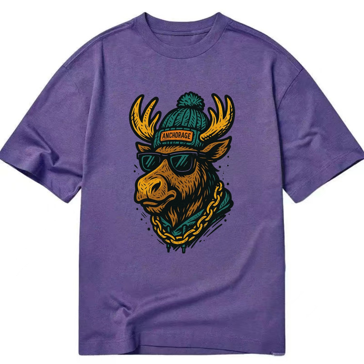 Alaska Moose wearing Anchorage beanie with pom pom and wayfarer sunglasses - Classic T-shirt - Purple