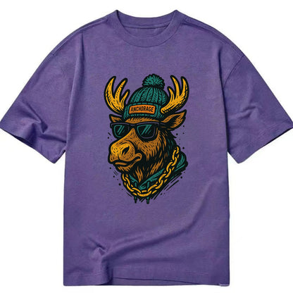 Alaska Moose wearing Anchorage beanie with pom pom and wayfarer sunglasses - Classic T-shirt - Purple