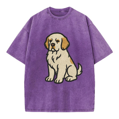Clumber Spaniel - White with lemon markings embroidered pose - Vintage T-shirt - Purple