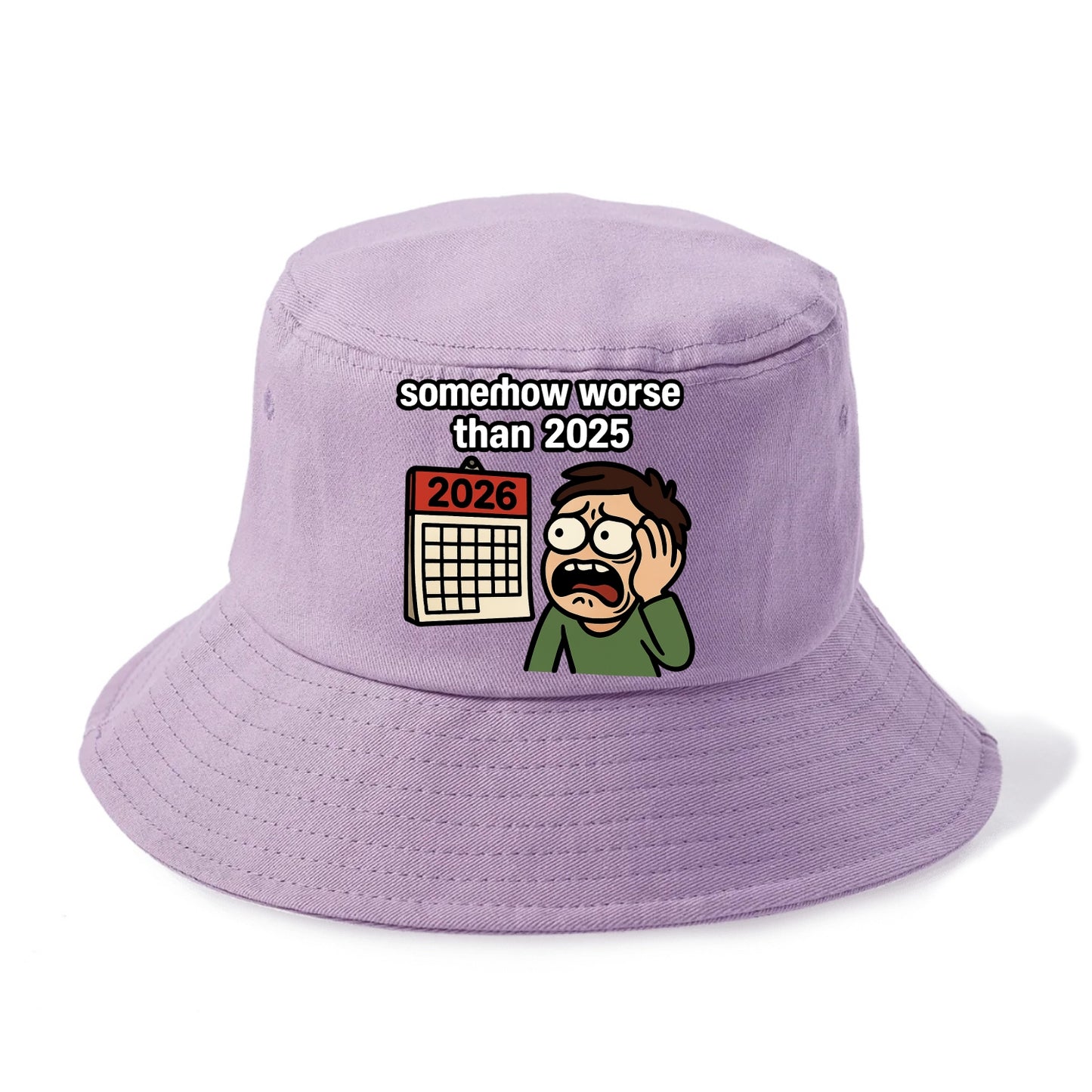 Person looking at calendar with dread - "2026: somehow worse than 2025" - Bucket Hat - Purple