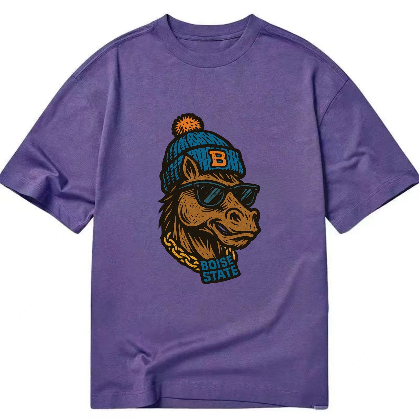 Boise Bronco wearing Boise State beanie with B patch - Classic T-shirt - Purple
