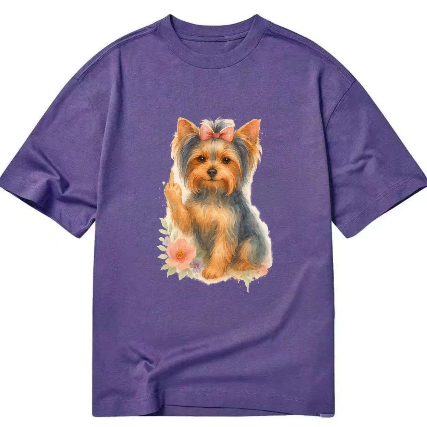 Yorkshire Terrier with topknot bow, one delicate paw flipping off - Classic T-shirt - Purple