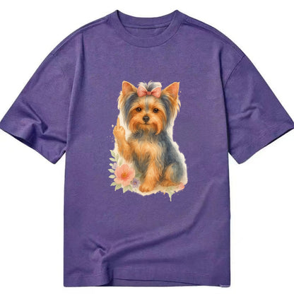 Yorkshire Terrier with topknot bow, one delicate paw flipping off - Classic T-shirt - Purple