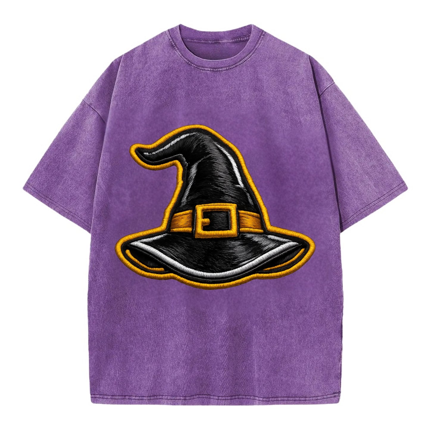 WITCH HAT - pointed hat with buckle in black and gold , coven - Vintage T-shirt - Purple