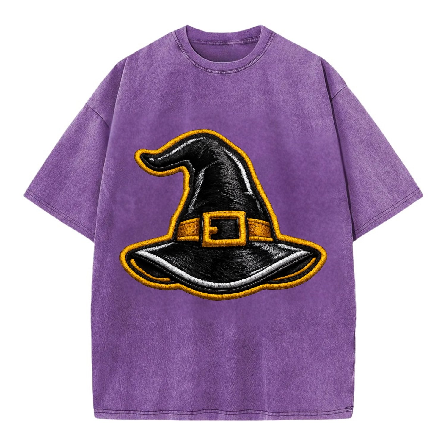 WITCH HAT - pointed hat with buckle in black and gold , coven - Vintage T-shirt - Purple