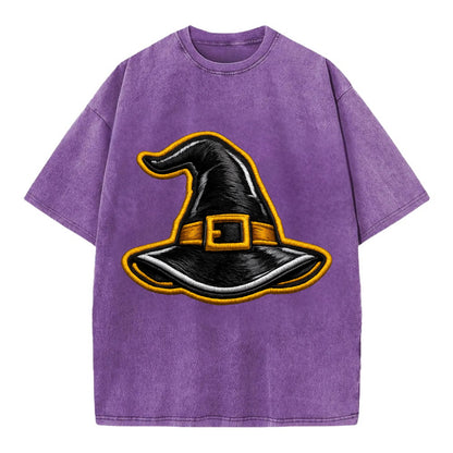 WITCH HAT - pointed hat with buckle in black and gold , coven - Vintage T-shirt - Purple