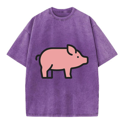 Pig - Pink farm pig flat side profile - Vintage T-shirt - Purple