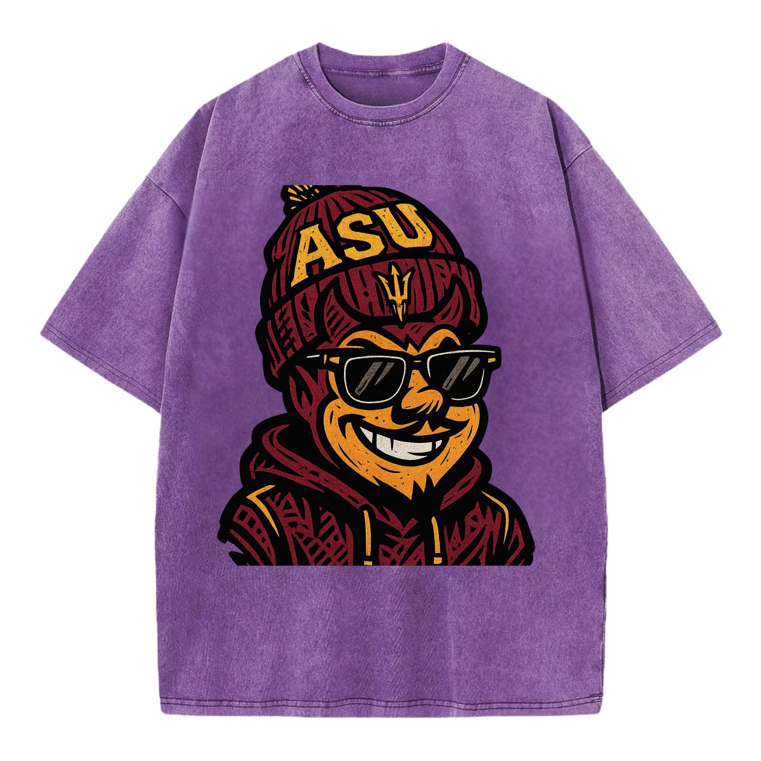 Tempe Sparky wearing Arizona State beanie with fork patch - Vintage T-shirt - Purple